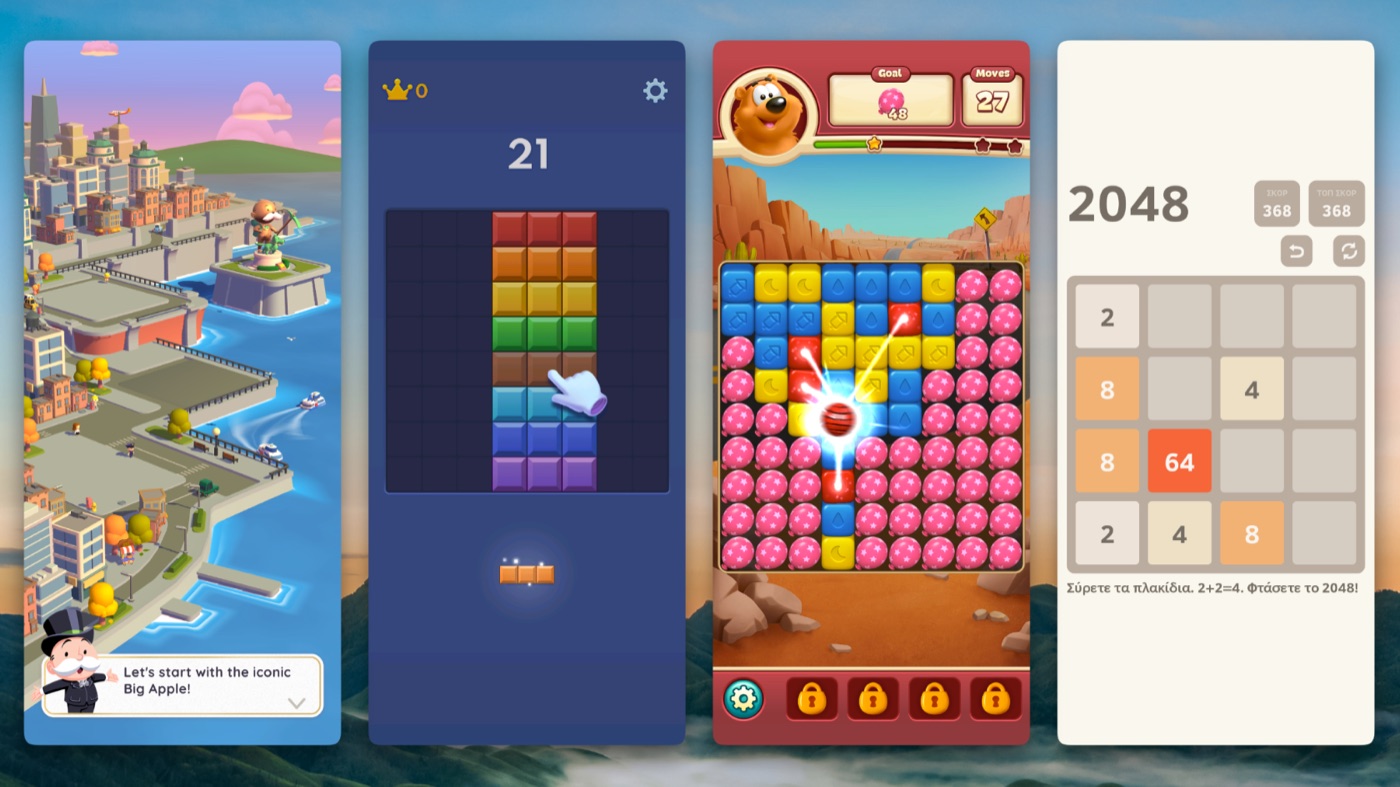 Four games running inside the emulator: Monopoly Go, a 21 card game, Candy Crush and 2048.